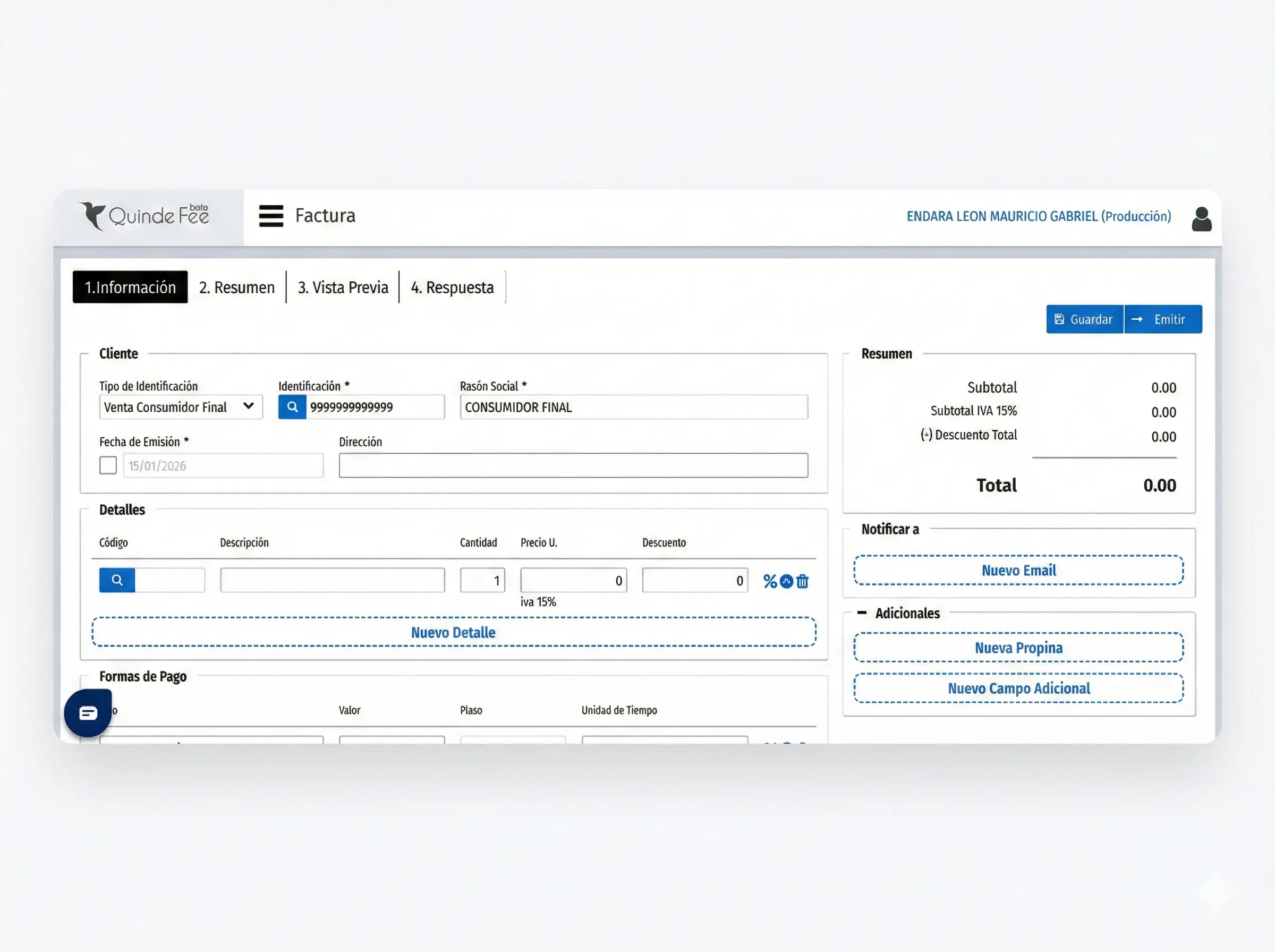 Quinde Fee interface